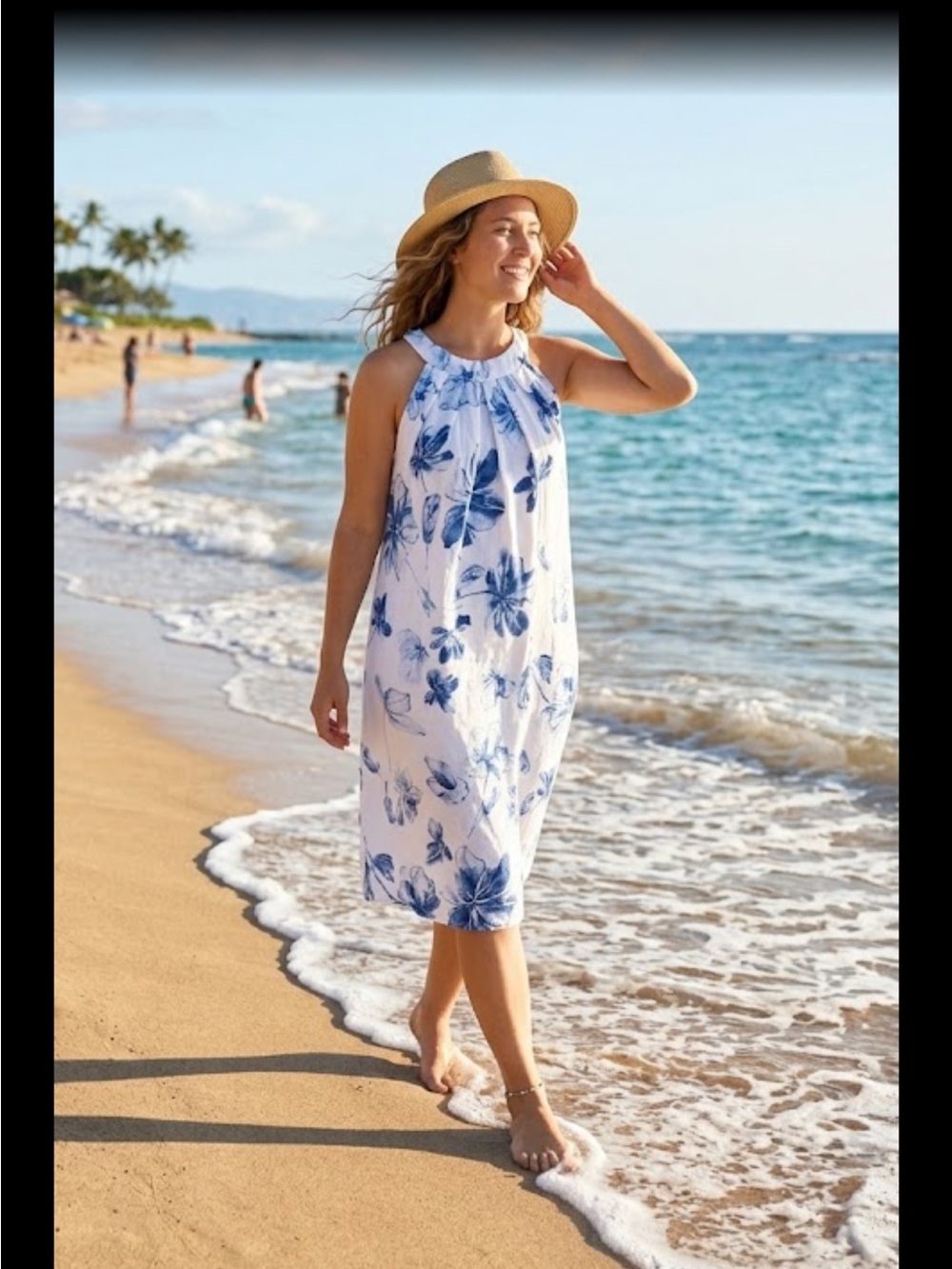 Bellambra Women's White and Blue Floral Midi Dress - Sleeveless Summer Style